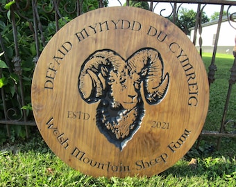 Welsh Sheep Farm Engraved Routed Custom Ram Livestock Round Commerical Signage Homestead Pine Wooden Sign Barn Stained Detailed Your Logo