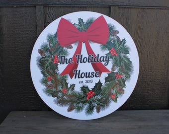 Custom Wreath Holiday Family Bow House Warming Weatherproof pvc Sign Textured Personalized Round Circle Signage hanging wall mounted