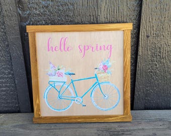 Happy Hello Spring Bike Flowers Colorful primitive farm decor Wall Art Bicycle Basket made from wood outdoor hang in garden flower