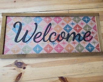 Welcome Wood Sign UV Ink 3D Raised Text Pink and Orange Font Script Homey Country  Sign Farmhouse Rustic Primitive Framed Housewarming Gift