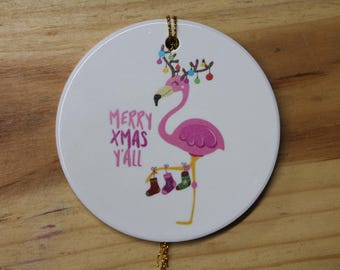Merry XMas Yall Flamingo Holiday Ceramic Christmas tree Decoration Animal Ornament Decor Circle  Gift Hanging Circle Bird Beach Bird Ocean