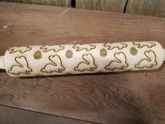 Easter, Spring, Rabbit, Bunny, Decorated Egg,  10 Inch Rolling Pin, Crust, Gift, Engraved, Wood, Cookie Stamp, Laser, pottery texture