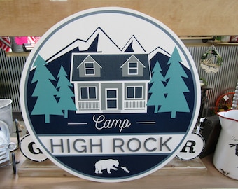 Custom Wooden Sign Commerical Signage Uv printed Logo 3D Letters Color Personalized Round Campground Mountains Cabin Woods Forest Bear Fish