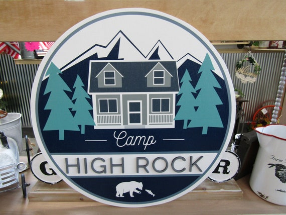 Custom Wooden Sign Commerical Signage Uv printed Logo 3D Letters Color Personalized Round Campground Mountains Cabin Woods Forest Bear Fish