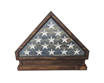 Engraved Wooden American Flag Display Case – Stained Wood Patriotic Décor for Memorial or Veteran Tribute