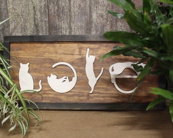 Love Spelled with Kittens Cats Cat Silhouette Pet Rustic Primitive Cat Lover Gift Wood Sign 3D Raised Image White Brown Frame Decoration