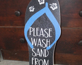 Contour Tropical Flipflop Please Wash Sand BNB Vacation Home Pool Beach Hibiscus Outdoor Weather Proof  PVC Textured Woodgrain