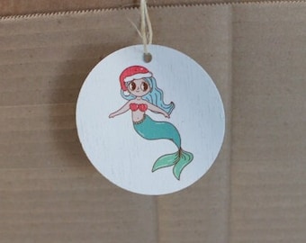 Cute Mermaid Santa hat Cryptic Ornament Collector Mythical Printed Keychain Giftable Gift for Him Gift for her  Wooden