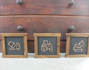 Boys Room Trucks Things with wheels Construction Excavator Tractor Cement Truck Nursery Handmade Decor Baby Gift Brown and Black