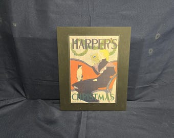 Harper's Christmas Lady and her cat Magazine Cover Cartoon Printed Wood Sign for wall art, decoration