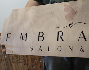 Embraced Day Spa Butterfly Business Logo Sign with UV Ink Printed Extra Detail Contour Wood Image