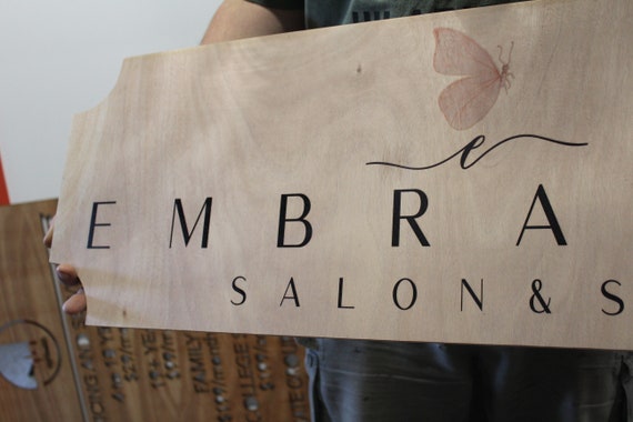 Embraced Day Spa Butterfly Business Logo Sign with UV Ink Printed Extra Detail Contour Wood Image