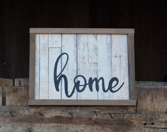 Home Wood Sign Script Text White Shiplap House Warming Brown Frame Farmhouse Decor Gift Print Art Primitive Rustic Barn Wood