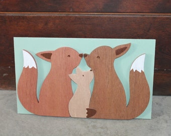 Fox Family Kit Mom Dad Spring Woodland Sweet Baby Shower Gift Nursery Handmade 3D Raised Layered Wall Decoration Primitive Rustic