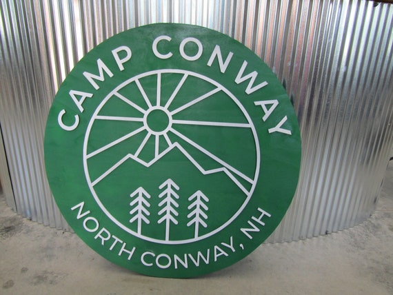 Custom Wooden Sign Camp Campground Your Logo And Image In Color Green Minimalist Style Mountains Fresh Air Round Hanging Sign Outdoors Land