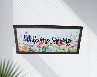 Welcome Spring Wood Sign • Printed Floral Background with 3D Letters • Bright Garden & Porch Wall Art Decoration
