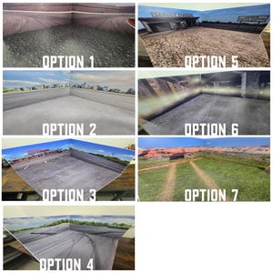 May include: A collection of seven different backdrop options, each featuring a unique scene. Options include a race track, a service station, a cityscape, a garage, a diner parking lot, a desert landscape, and a road with tire tracks. The text "OPTION" and a number are visible.