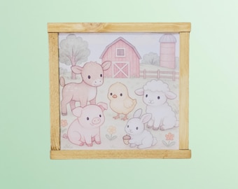 Pastel Farm Animal Nursery Sign – Cute Calf, Piglet, Lamb, Chick, and Bunny Illustration for Sweet Country or Cottage Kids’ Room Decor