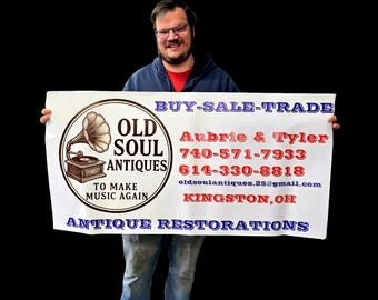 Custom Vinyl Business Banner - Personalized Vinyl Sign for Vintage Antique Shops, Markets, Trade Shows, & Storefront Displays