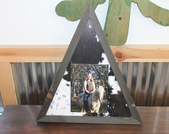 Triangle Custom Photo Sign with Cow Hyde Print Your Photo Personalized Western Cowboy Boho Wood Decoration Raised Senior Photo