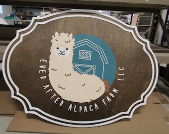 Custom Oval Alpaca Farm Sign Logo Farm Animal Livestock Barn Ever After Handmade Wooden Decor Commerical Signage Cute Fluff 3D Raised