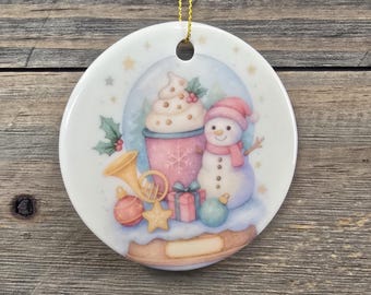 Whimsical Snowman and Cocoa Christmas Ornament – Pastel Holiday Decor with Gifts & Stars