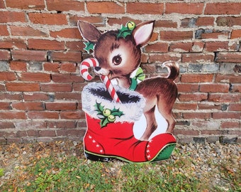 Vintage Yard Art PVC Reindeer Baby Santas boot Candy Cane Christmas Outdoor Weather Proof Printed image Yard Decor