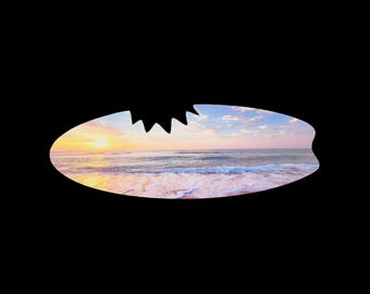 Surfboard Beach Sunrise Sign – Weatherproof PVC Wall Art with Ocean Waves and Pastel Sky for Coastal Home or Outdoor Decor