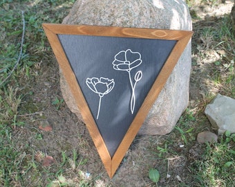 Flower Line Art Simple Floral Minimalist Black and White Triangle  Framed 3D Handmade Art Decor Wooden Sign Raised Layered Sign