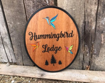 Custom Lodge Sign Hummingbird 3D Raised Bird Large Wood Cabin BNB Rental Colorful Rustic Business Sign Text Oval Indoor Outdoor