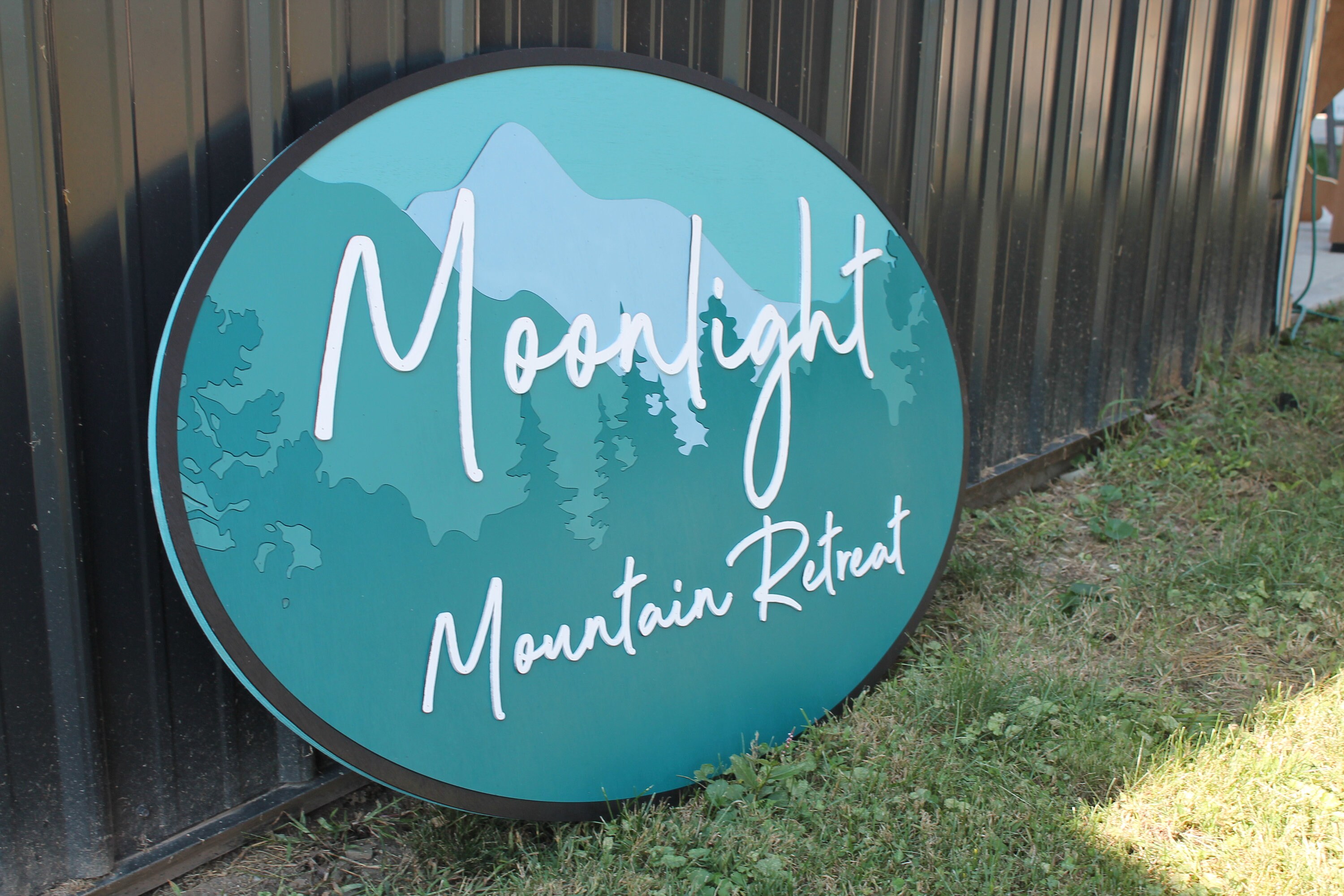 Ombre Moonlight Tree Line Forest Retreat Oval 3D Large Custom Signage Indoor Outdoor Laser Cut