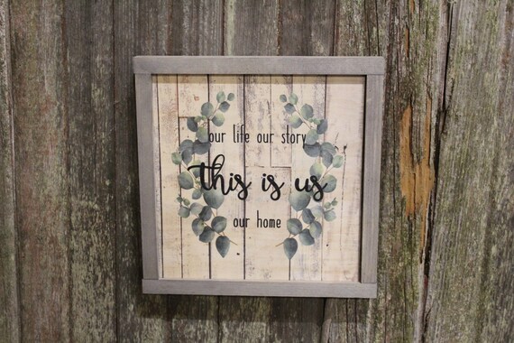 Framed This is Us Wood Sign Eucalyptus Wreath Our Life Our Story Our Home Rustic Text Decoration Print Farmhouse Primitive Wall Art Barn