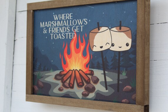 Feel Fan Fun Camping ポスター　サイン付　earthmix Funny Camping Sign – UV Printed Wood Framed Wall Art – Marshmallow