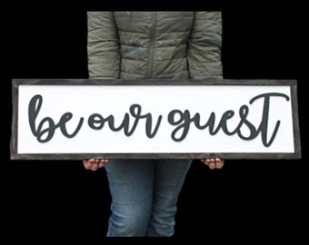 Be Our Guest Wood Sign – Raised Letter Farmhouse Wall Decor – Rustic Guest Room Welcome Sign for Entryway or Home 3D