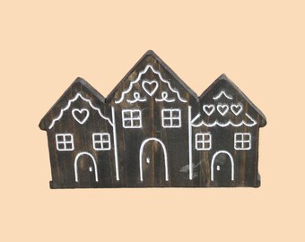 Engraved Wooden Gingerbread House Trio – Dark Stained Wood with Painted Accents - Holiday Décor with Heart & Icing Details