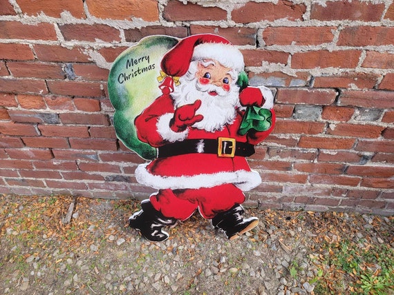 Vintage Yard Art PVC Winter Santa Merry Christmas Bag of Toys Yard Sign Decorations Yard Decor Christmas Outdoor Weatherproof Printed image