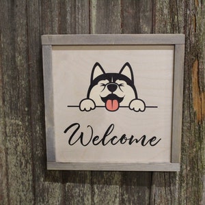 Welcome Siberian Husky Sign Wood Dog Puppy Cute Tongue Framed Print Hi Hello Cartoon Pup Primitive Rustic Picture Wall Art Decoration