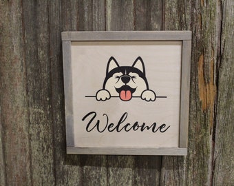 Welcome Siberian Husky Sign Wood Dog Puppy Cute Tongue Framed Print Hi Hello Cartoon Pup Primitive Rustic Picture Wall Art Decoration