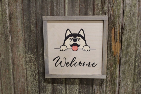 Welcome Siberian Husky Sign Wood Dog Puppy Cute Tongue Framed Print Hi Hello Cartoon Pup Primitive Rustic Picture Wall Art Decoration