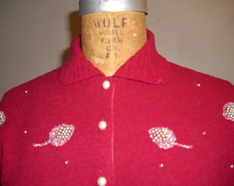 1950s Vintage Red Boucle Sweater with Tiny Pearls and Crystal Beading  and Pearl Buttons