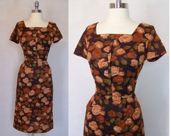 Gorgeous 50s Warm Floral Hourglass Bombshell Wiggle Dress XS Small 1950s
