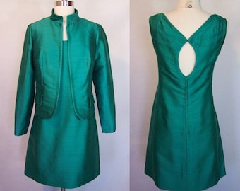 Chic 60s French Couture Emerald Silk H. Moreau & Cie 2 Pc Dress Jacket Cocktail Set Suit S Small 1960s