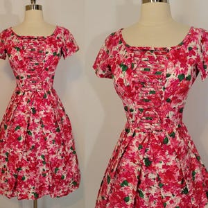 Gorgeous 1950s Floral Fit Flare Cotton Dress S Small 50s