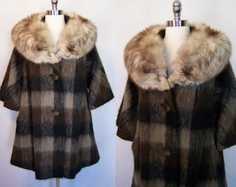 Gorgeous 60s LILLI ANN Plush Mohair Plaid Fox Fur Trapeze Swing Coat 1960s Fabric of Paris M L XL