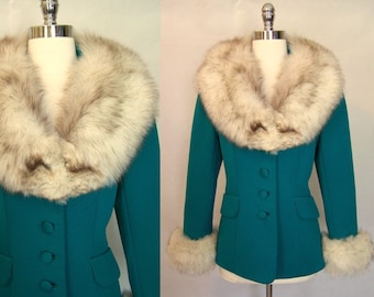 Gorgeous 60s LILLI ANN Teal Green Fox Fur Trim Jacket Small/Medium 1960s