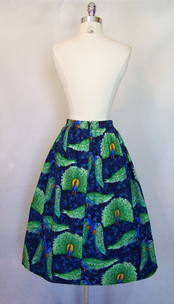 Rare 1950s Peacock Novelty Print Cotton Skirt S S… - image 9