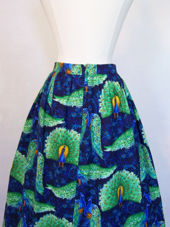 Rare 1950s Peacock Novelty Print Cotton Skirt S S… - image 10