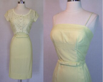 Bombshell 50s MINX MODES Silk 2 Pc Wiggle Dress & Lace Jacket Rhinestones Set Suit XS X-Small 1950S