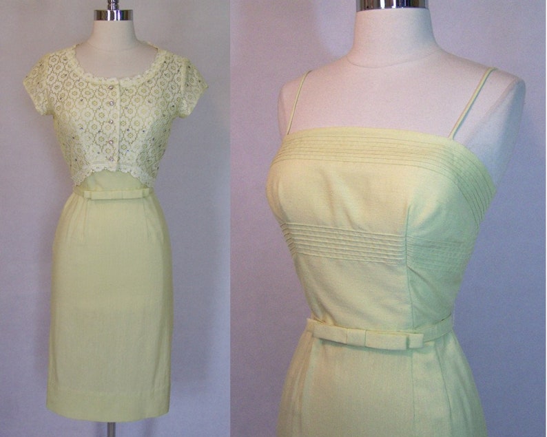 Bombshell 50s MINX MODES Silk 2 Pc Wiggle Dress & Lace Jacket Rhinestones Set Suit XS X-Small 1950S image 1