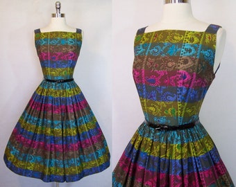 Stunning 50s ARKAY Rainbow Stripe Floral Print Cotton Fit Flare Garden Party Dress XS Small 1950s